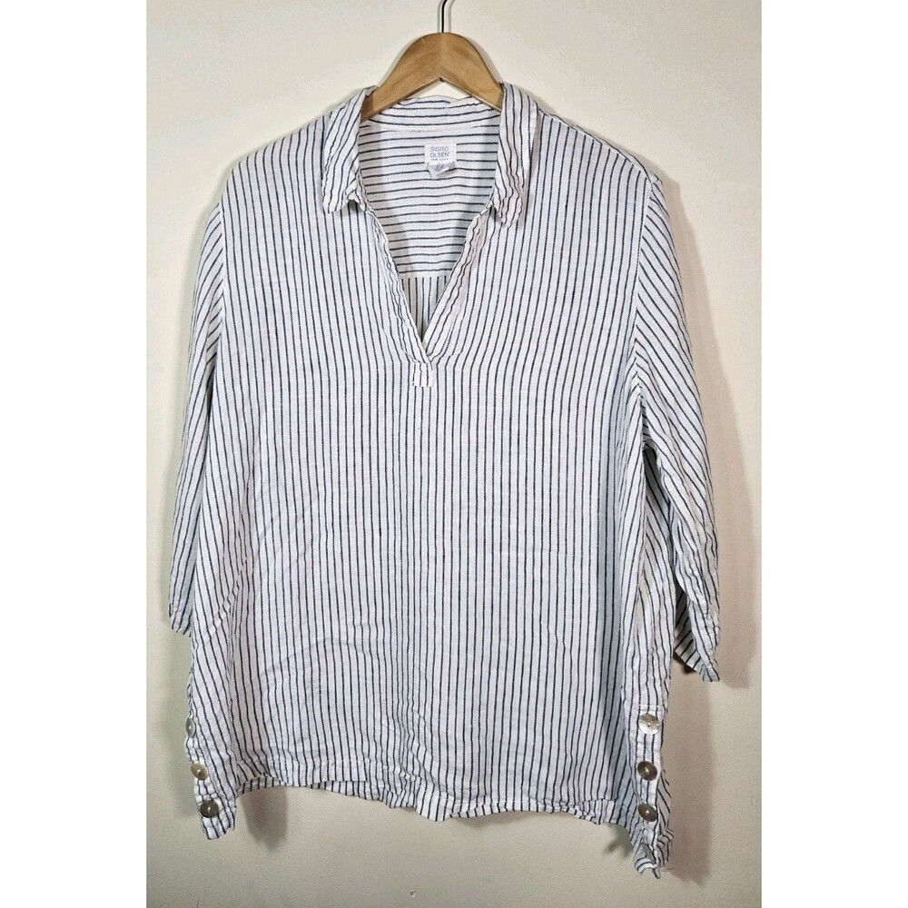 Sigrid Olsen Top Size 1x Blue Stripe Button Up 3/4 Sleeve Blouse Gauzy Shirt
